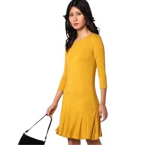 Women's Mustard Yellow Long Sleeve Flared Hem Dress